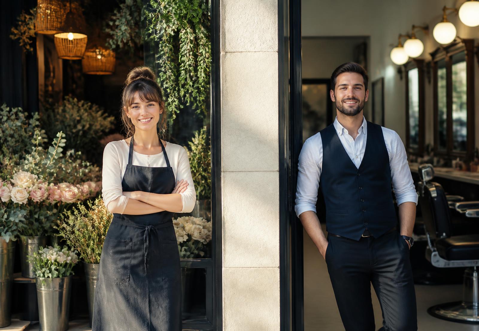 A florist and a barber standing in the doorways of their shops