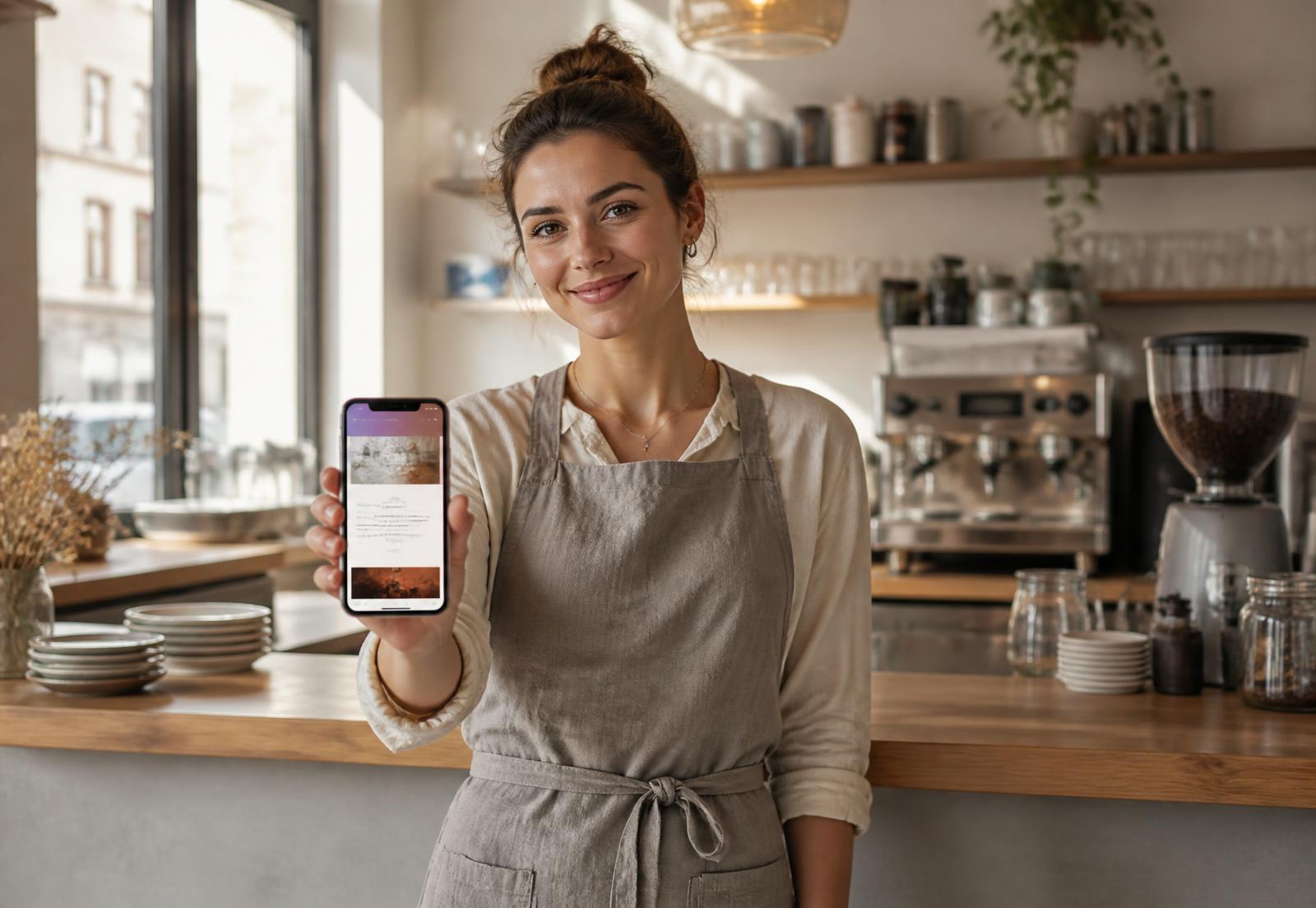 A café owner holding up a phone showing her new Jamey website
